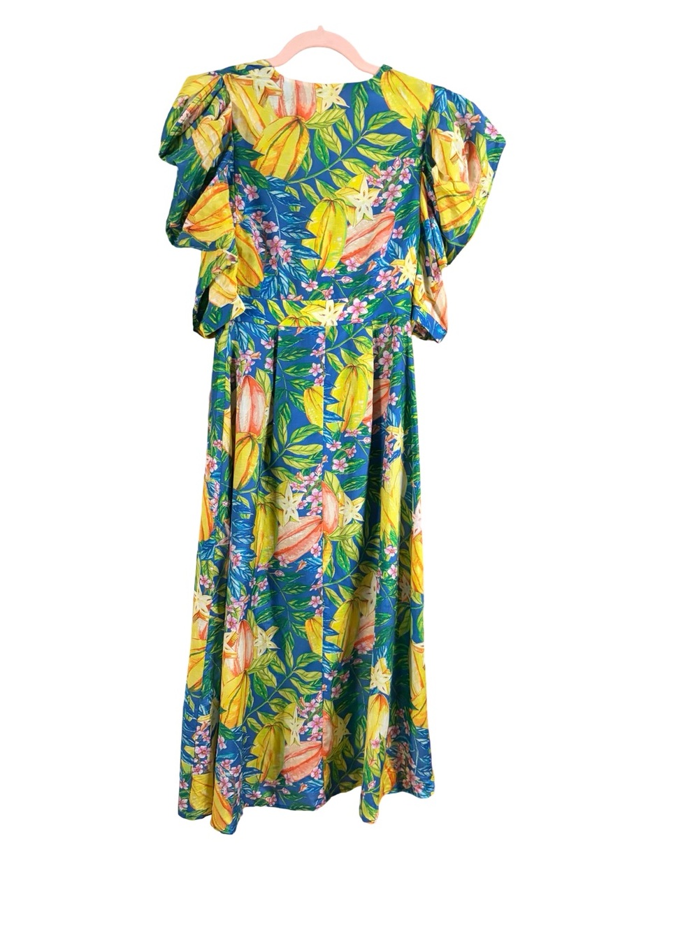 FARM Rio Blue and Yellow Tropical Puff-Sleeve Midi Dress - Picture 4 of 13
